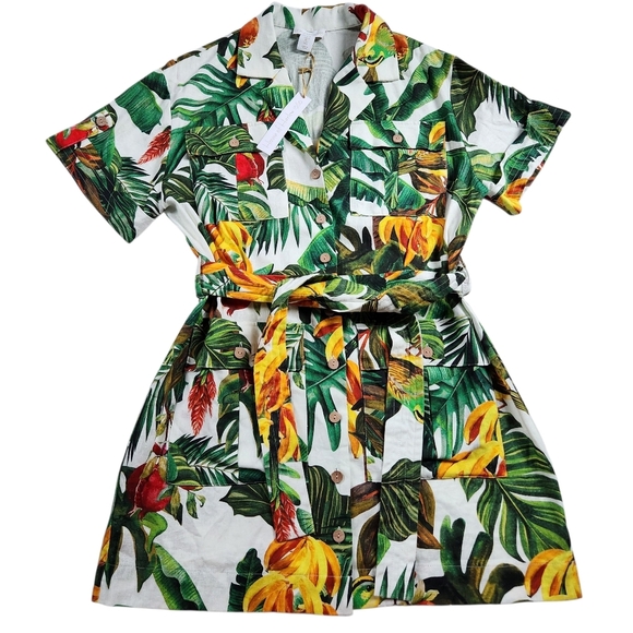 NWT House of Harlow 1960 Linen Blend Tropical Hawaiian Print Dress Sz L - Picture 1 of 7